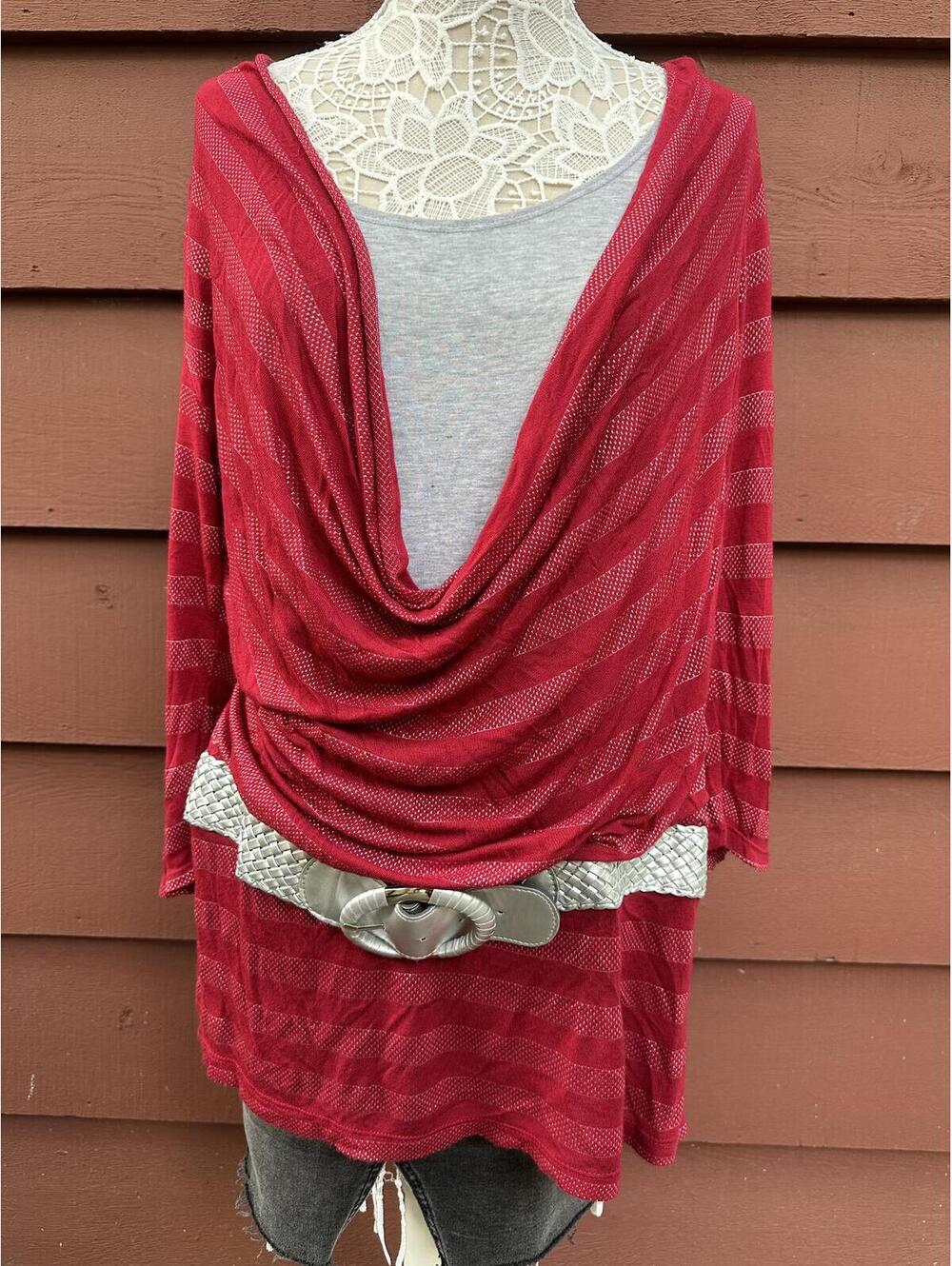 deb Burgundy Red Striped Draped Tunic Top Belt Detail